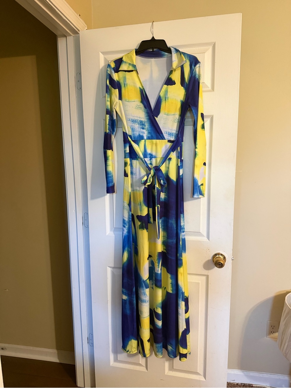 Long Sleeve Wrap Maxi Dress in Yellow & Blue